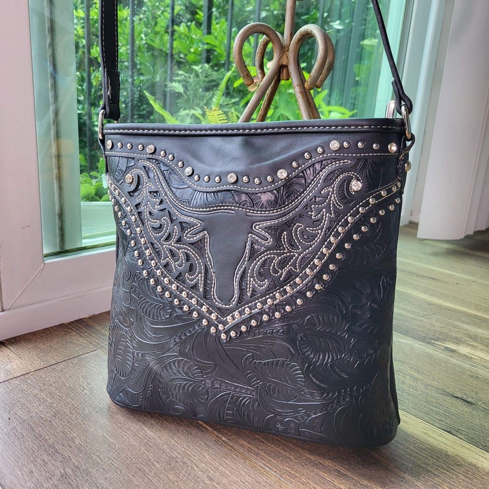 American Bling Black Western Longhorn Embossed Concealed Carry Crossbody Bag